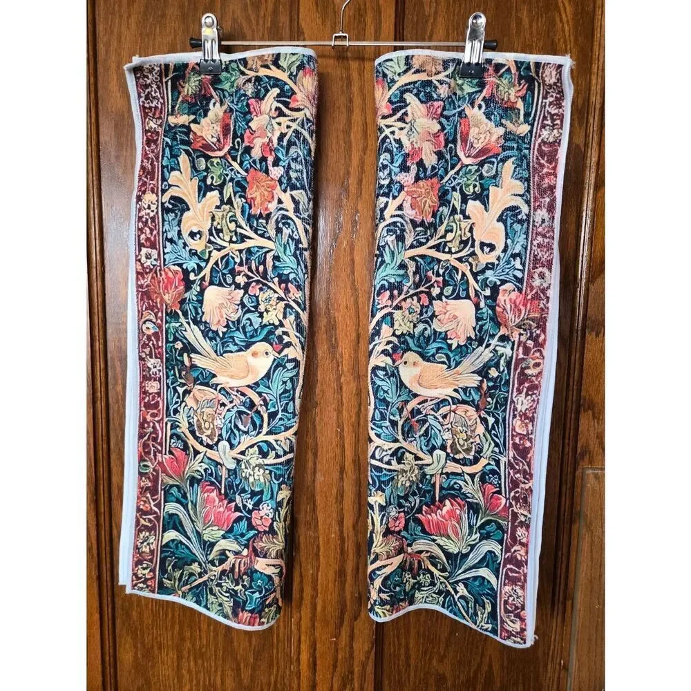 Floral Bird Tapestry Kitchen Towels Pair - Navy, Tan & Red